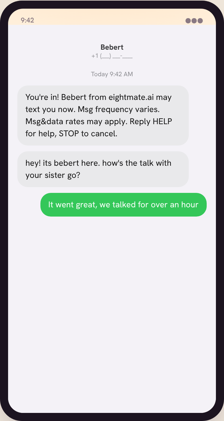 The confirmation SMS: You're in! Bebert from eightmate.ai may text you now, with frequency, rates, HELP and STOP disclosures